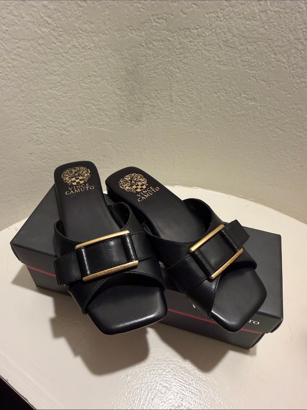 Vince Camuto Black Leather Slide Mules with Gold Buckle Accent